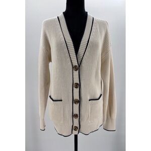 OLD NAVY Womens Cream Navy Trim V Neck Button Cardigan Sweater Medium